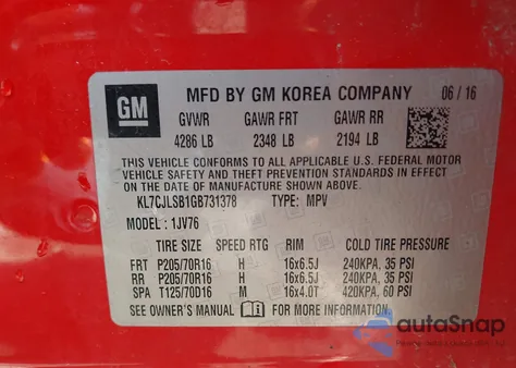 2016 Chevrolet Trax Lt из США, поврежденный, VIN KL7CJLSB1GB731378